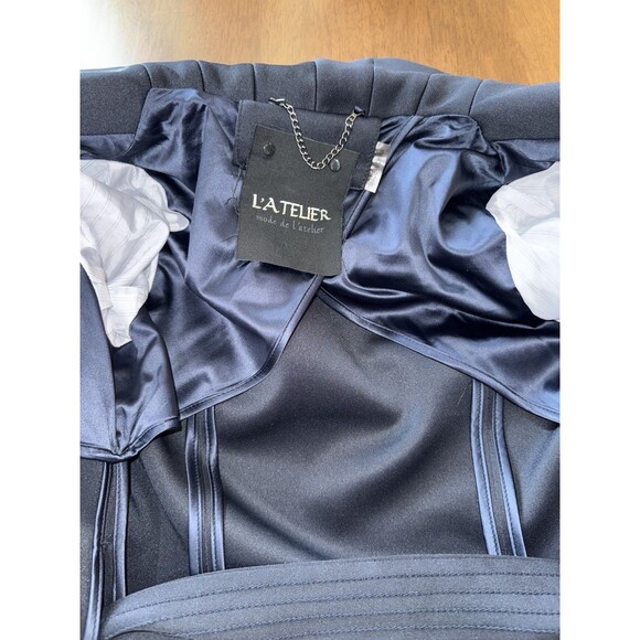 L’Atelier Navy Cape Jacket Coat XS Open Front Belted Draped Collar Elegant Layer - Picture 6 of 11